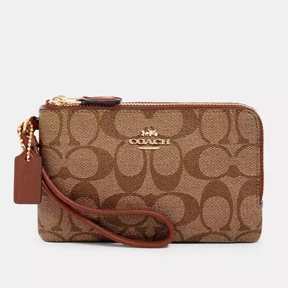 NWT COACH Small Double Zip Corner Wallet Wristlet in Khaki/Redwood - Picture 1 of 2